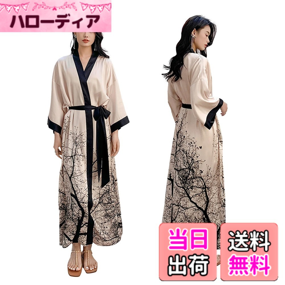 【送料無料】[YunXiozy Star] バスローブ レディース 薄手 シルクタッチ ガウン 夏用 部屋着 ルームウェア ロング ガウン 単品 ナイトガウン レース サテン浴衣 浴衣式 軽量 膝上 ロングローブ 女性用 色：アプリコット、サイズ：M