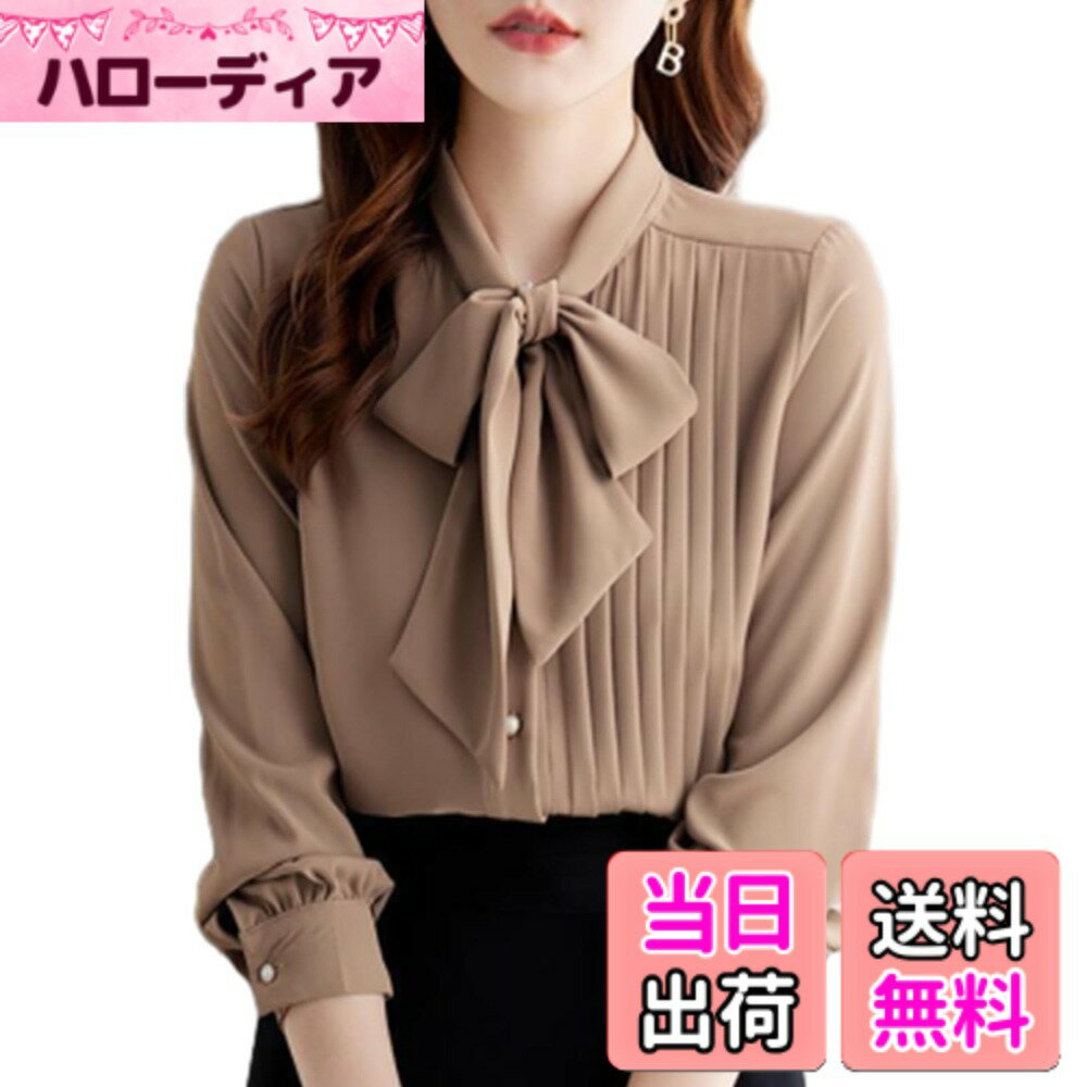 【送料無料】[JLBOCMGT] トップス シフォン シャツ レディース ブラウス 長袖 リボン ボウタイシャツ 前開き 無地 ゆったり 着痩せ 体型カバー 大きいサイズ ビジネス 事務服 通勤 エレガント韓国 ファッション 秋 冬 色：キャメル、サイズ：M
