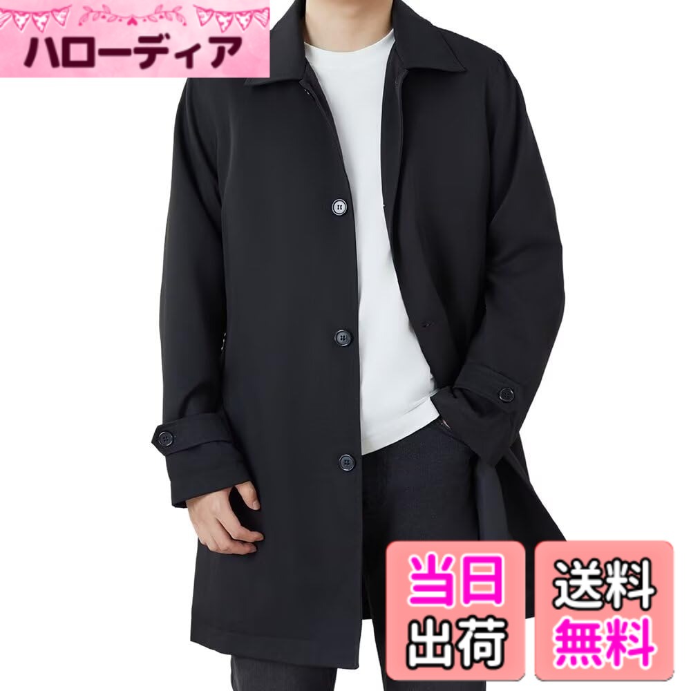 Jacket - 【送料無料】[VICALLED] トレンチコート メンズ 大きいサイズ スプリングコート 中長丈 春秋 テーラード 薄手 防シワ ビジネス ステンカラーコート 無地 カジュアル シンプル 色：ブラック、サイズ：L