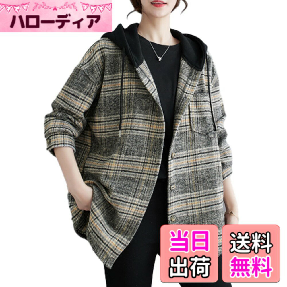 Jacket - 【送料無料】[CCGGOWMM] ブルゾン レディース チェスターコート チェック柄 長袖 コート フード付き トレンチコート アウターウエア ラシャコート オーバーコート ジャケット カーディガン カジュアル マキシ ゆったり 防寒 おしゃれ 通勤 春 色：ブラック、サイズ：2XL