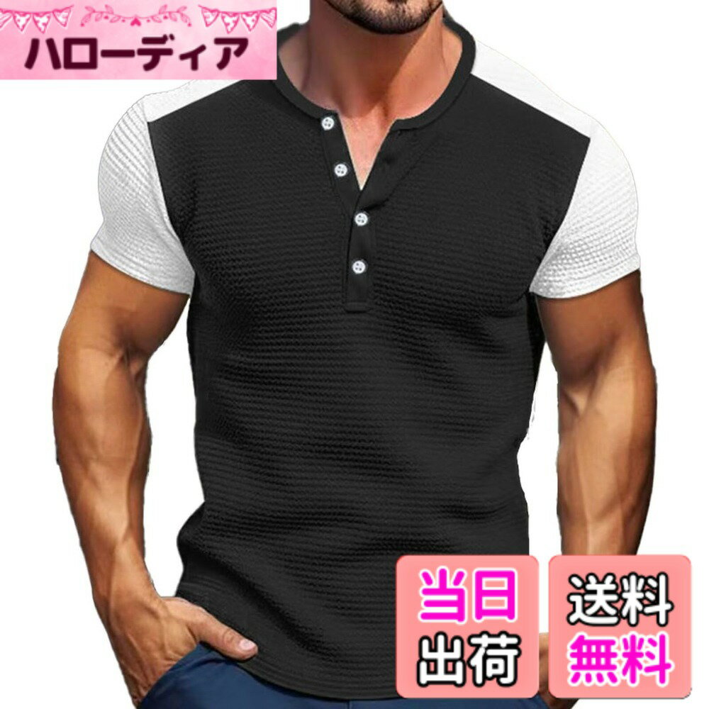 乐天商城 - 【送料無料】[Musgneer] ヘンリーカラー 半袖 メンズ Tシャツ フィットネス ボタンダウンシャツ ラウンドネック 無地 通勤 カジュアル 仕立て 夏服 筋トレジム半袖 色：ブラック、サイズ：2XL