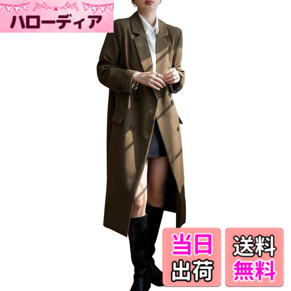 Jacket - 【送料無料】[7-livehouse] ジャケット レディース テーラードジャケット ロング丈 ブレザージャケット 長袖 アウター 肩パット入り スーツコート フォーマル コート 裏地付き ポケット付き レンチコート 無地 通勤 春 秋 冬 色：コーヒー、サイズ：L