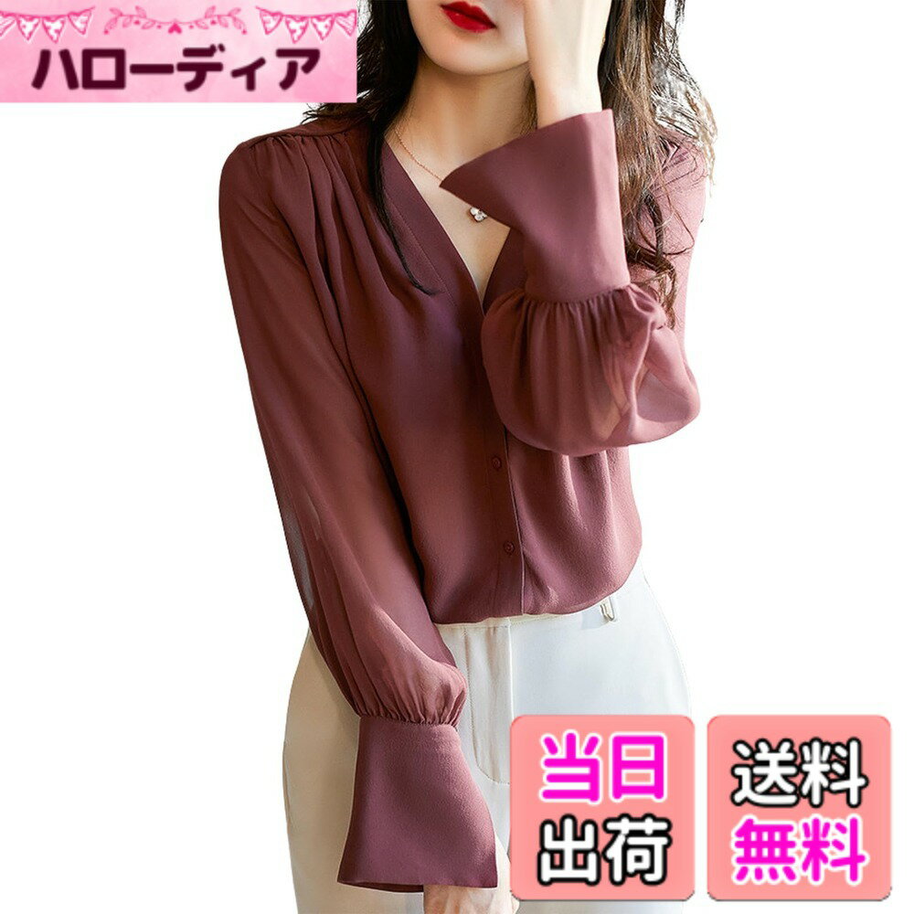Other - 【送料無料】[SeiunAn] シャツ レディース ブラウス 長袖 秋 冬 春 シフォン Vネック トップス おしゃれ 薄手 透け感 裏地なし 前開き カットソー ゆったり ギャザー 無地 上品 オフィス ファッション シンプル 秋服 カジュアル 大人 セクシー 色：レッド、サイズ：L