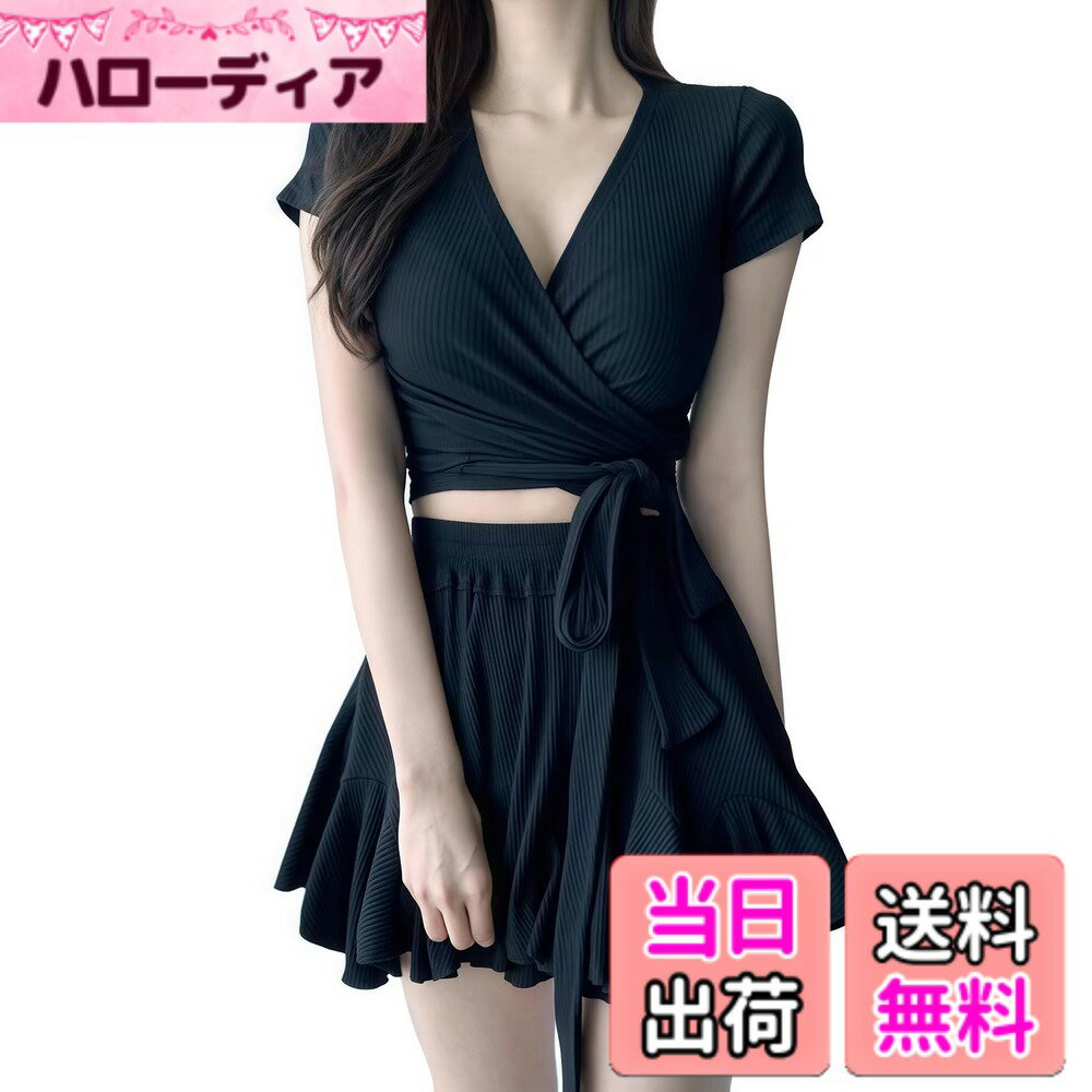 Rakuten - 【送料無料】[MiniAya] 水着 レディース ビキニ 体型カバー タンキニ 2点セット Vネック フリル かわいい 女性 セパレート パッド付き ショートパンツ 半袖 スカート おしゃれ 水陸両用 温泉ビーチウェア 海 プール リゾート 色：ブラック、サイズ：M