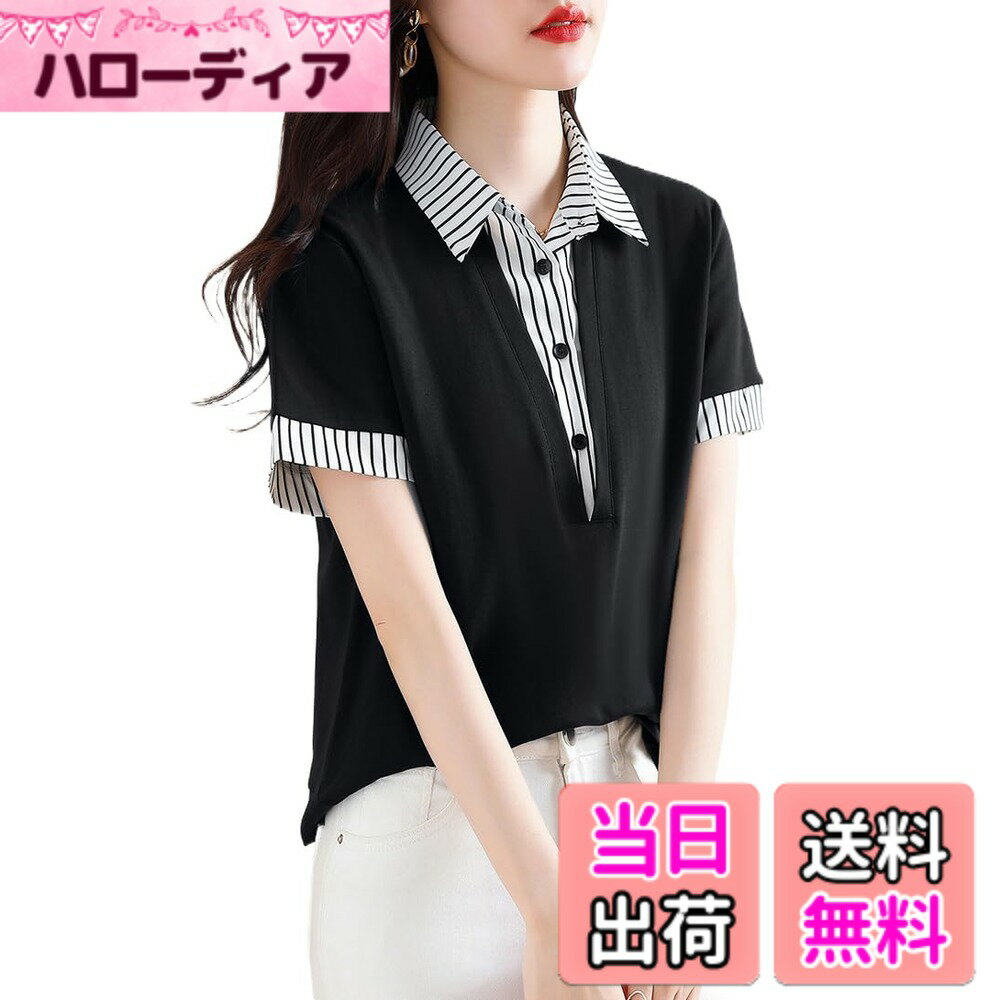 Other - 【送料無料】[H．zroy] ポロシャツ レディース 半袖 Tシャツ 夏 フェイクレイヤード ストライプ 切り替え 折り襟 シャツ カジュアル トップス プルオーバー 上着 ヘンリーネック ボタン ビジネス 通勤 事務服 OL おしゃれ 大人 色：ブラック、サイズ：2XL