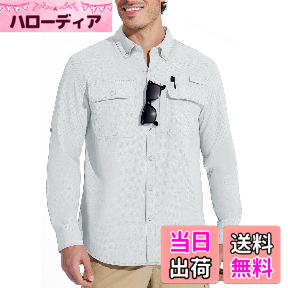 【送料無料】[MAGCOMSEN] ミリタリーシャツ メンズ 長袖シャツ 登山 釣り UVカット 吸汗速乾 作業着 薄手 撥水 通気 アウトドア カジュアル 春秋 色：ホワイト、サイズ：XL