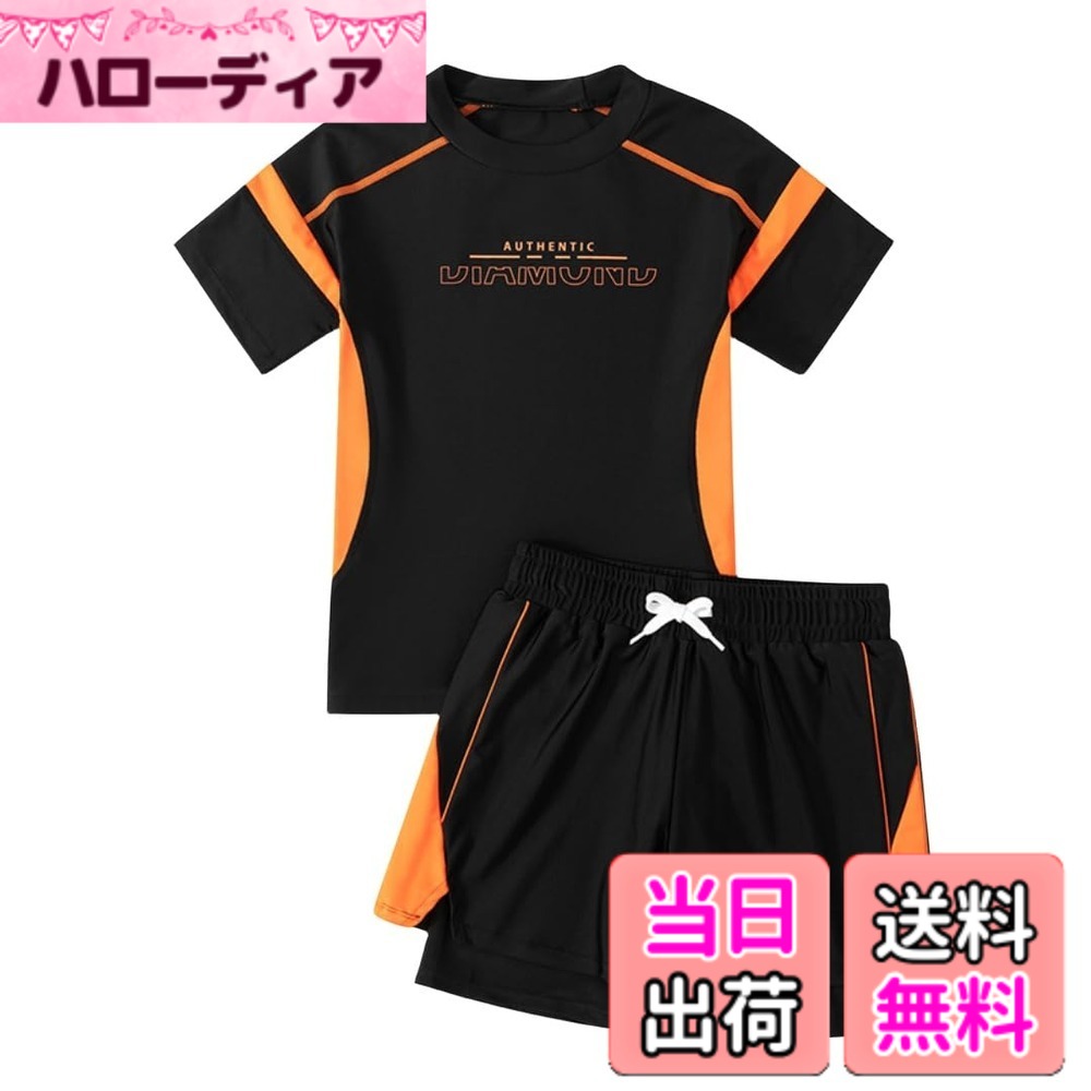 Swimming Suits - 【送料無料】[Suerba] 子供 水着 男の子 ラッシュガード 半袖 ショートパンツ ジュニア水着 上下 水遊び 色：オレンジ、サイズ：4XL(140-150cm)