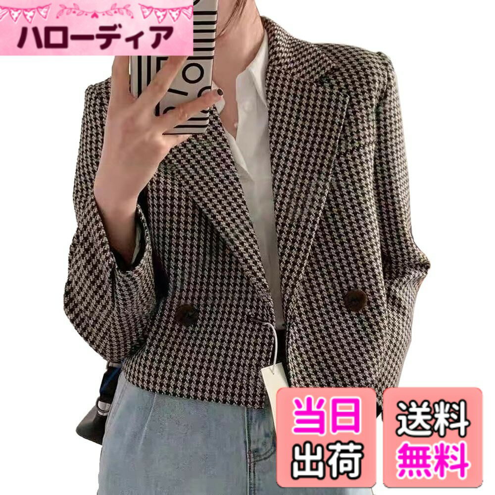 【送料無料】[TASOGARA] ツィードジャケット レディース チェック柄 チェックコート ショート丈 ジャケット 長袖 オシャレ 着痩せ 春秋 色：チェック、サイズ：L