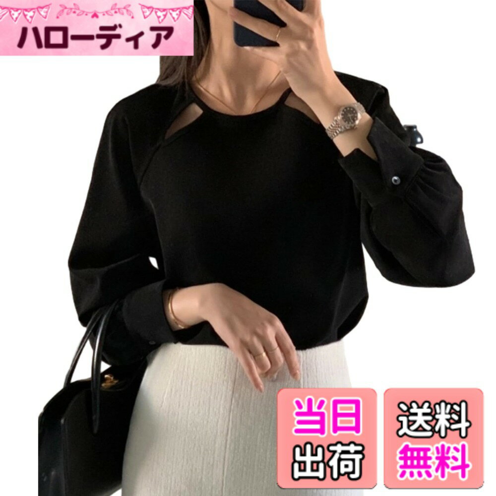 Other - 【送料無料】[JLBOCMGT] ブラウス レディース シフォン シャツ トップス 丸首 長袖 ボタン付き 無地 透かしシャツ 大人 カジュアル エレガント 通勤 フォーマル 春 秋 冬 色：ブラック、サイズ：Free Size