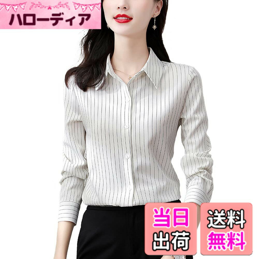 【送料無料】[Bolan　Verl] ストライプ カッター シャツ 長袖 ワイシャツ レディース オフィス ブラウス ノーアイロン Yシャツ 厚手 上品 白 黒 ビジネス OL 通勤 事務服 春夏秋冬 色：ホワイト、サイズ：M