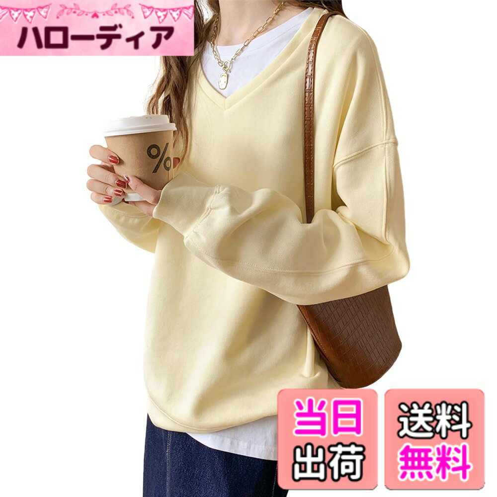 樂天商城 - 【送料無料】[GlamollaMisse] トレーナー レディース トップス 長袖 重ね着風 コットン 2タイプ 丸首 Vネック カットソー 暖かい ゆったり 無地 綿 柔らかい 可愛い オシャレ 着せ 体型カバー カジュアル オフィス 通勤 ファッシ 色：アプリコット(Vネック)、サイズ：L