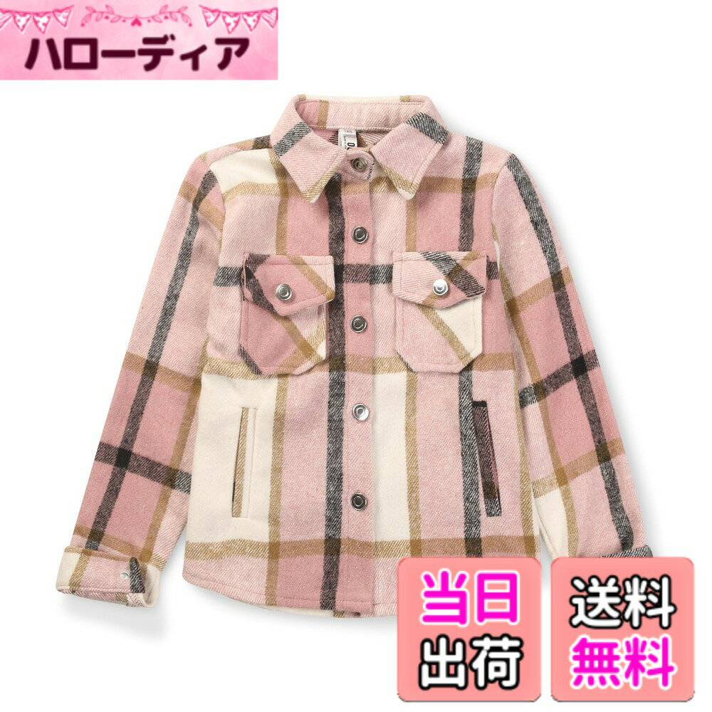 【送料無料】[Phorecys] シャツジャケット ガールズ チェック 長袖 ネルシャツ 羽織り コート ジュニア トップス シンプル 子供服 おしゃれ 色：2 ピンク、サイズ：120