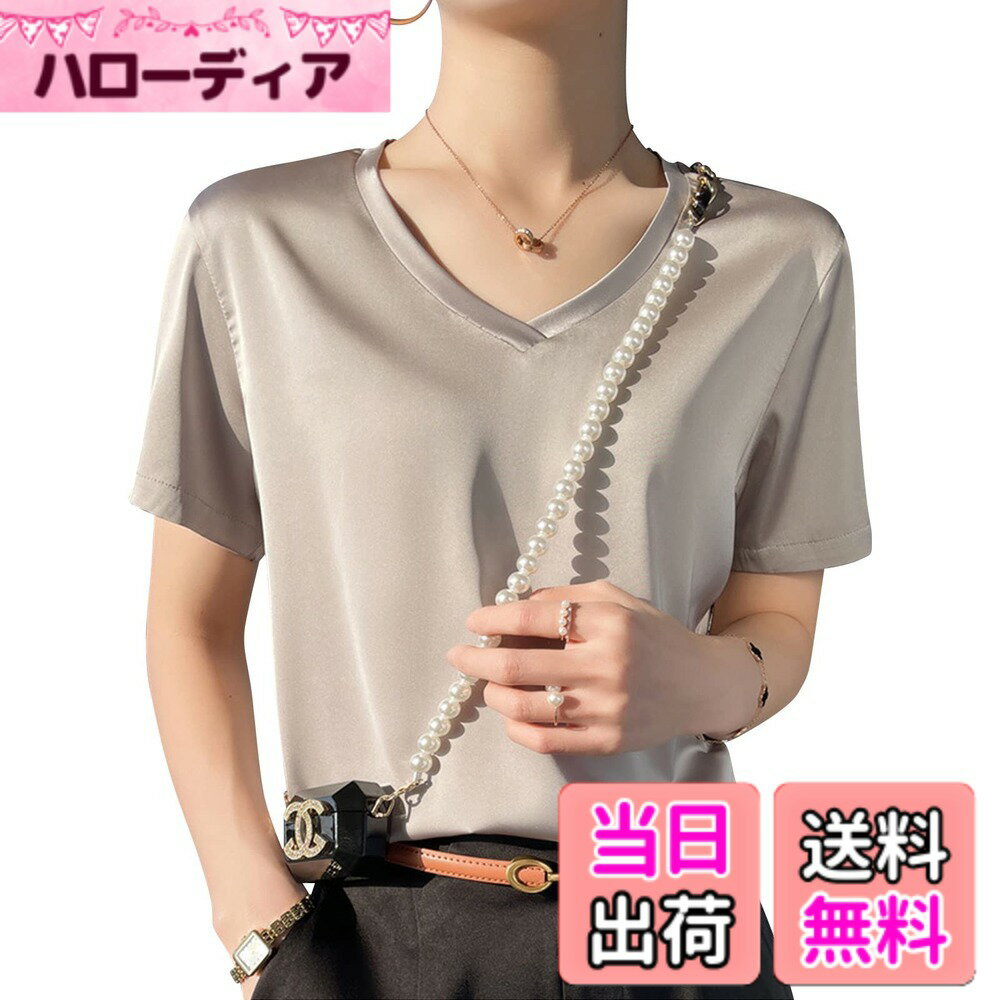 Other - 【送料無料】[Phorecys] サテン 半袖 ブラウス レディース tシャツ Vネック シルクタッチ トップス カットソー 無地 シンプル 柔らか カジュアル 色：グレー、サイズ：M