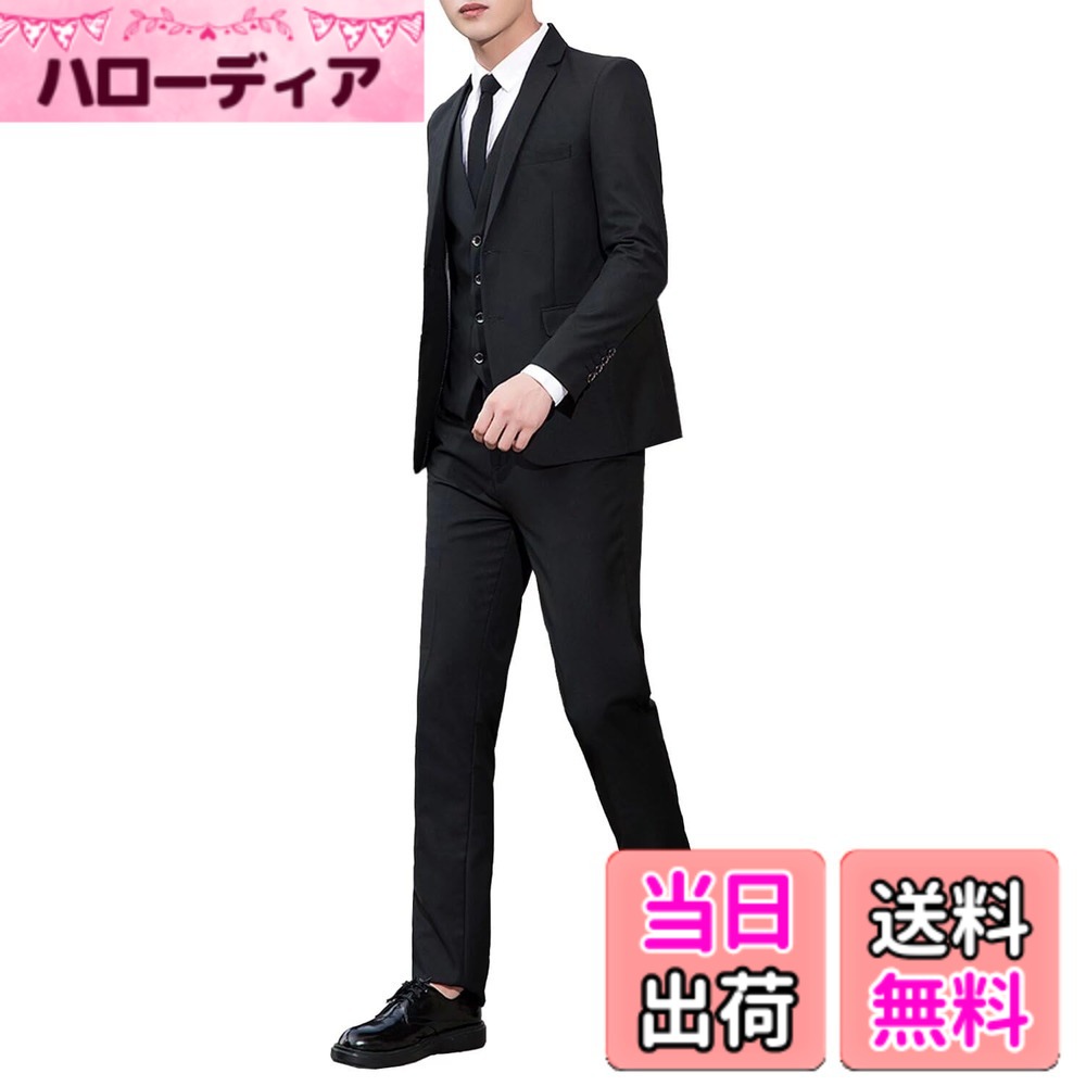【送料無料】[WEEN CHARM] スーツ メンズ スリーピース セットアップ チェック柄 ストライプ ビジネス スリム 結婚式 礼服 フォーマル オールシーズン対応 色：ブラック、サイズ：3XL