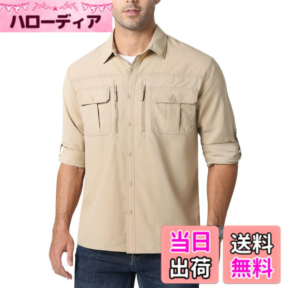 乐天商城 - 【送料無料】[MAGCOMSEN] ミリタリーシャツ メンズ 作業着 夏用 長袖 涼しい 多ポケット タクティカルシャツ 速乾 薄手 アウトドアウェア 登山 釣り uvカット 夏 春 秋 色：カーキ、サイズ：M