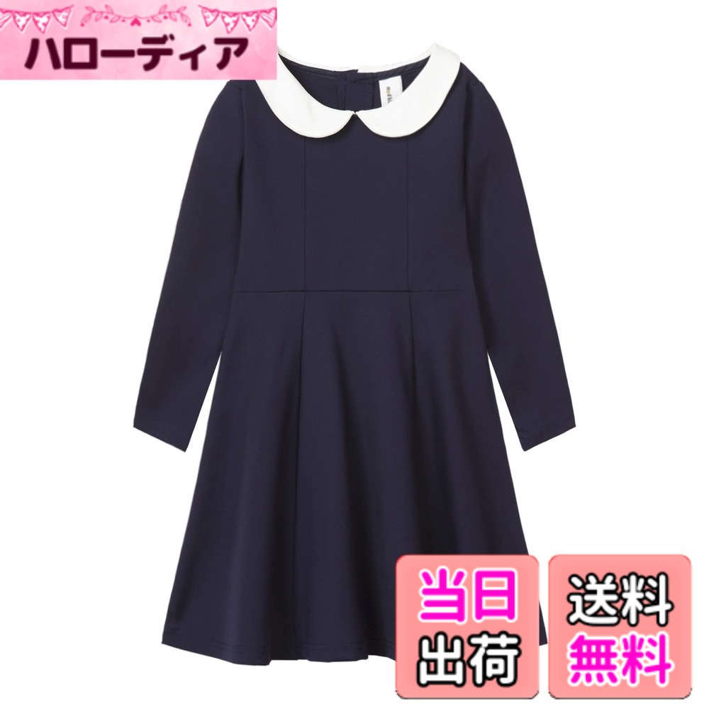 【送料無料】[LSMUDKINGDOM] フォーマル ワンピース キッズ 丸襟 白襟 フレア 紺色 黒 ドレス 子供 女の子 色：長袖-ネイビー、サイズ：150
