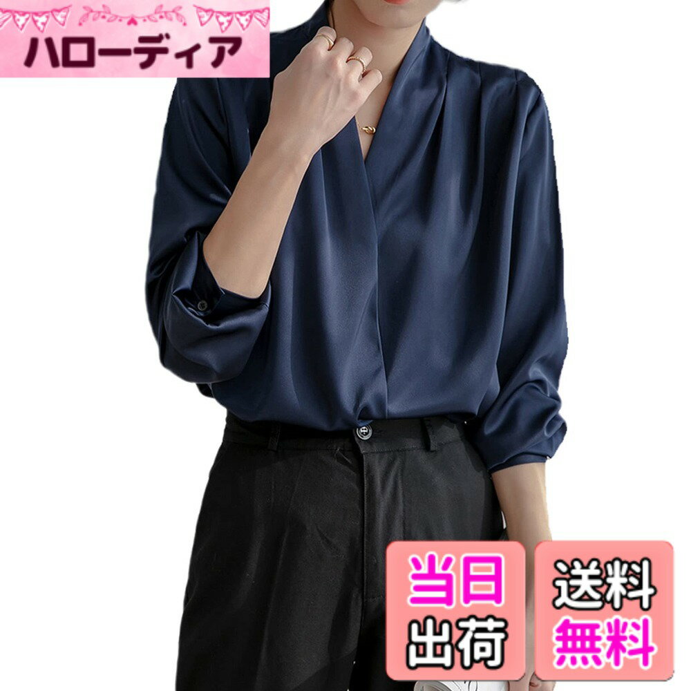 樂天商城 - 【送料無料】[xppe] 落ち感 魅力 プリーツ ブラウス トップス 長袖 Vネック とろみ素材 オフィス シャツ ブラウス レディース 春 秋 通勤 オフィス 無地 レディース トップス 色：ネイビー、サイズ：L