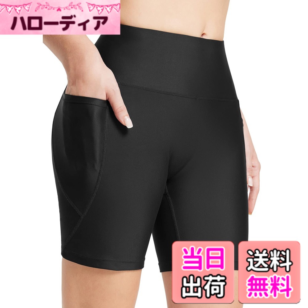 【送料無料】[baleaf] バリーフ 水着 レディース サーフィン ショーツ ハイウエスト ショートパンツ フィットネス 水泳 競泳水着 ライナー ポケット付き 色：ブラック、サイズ：M