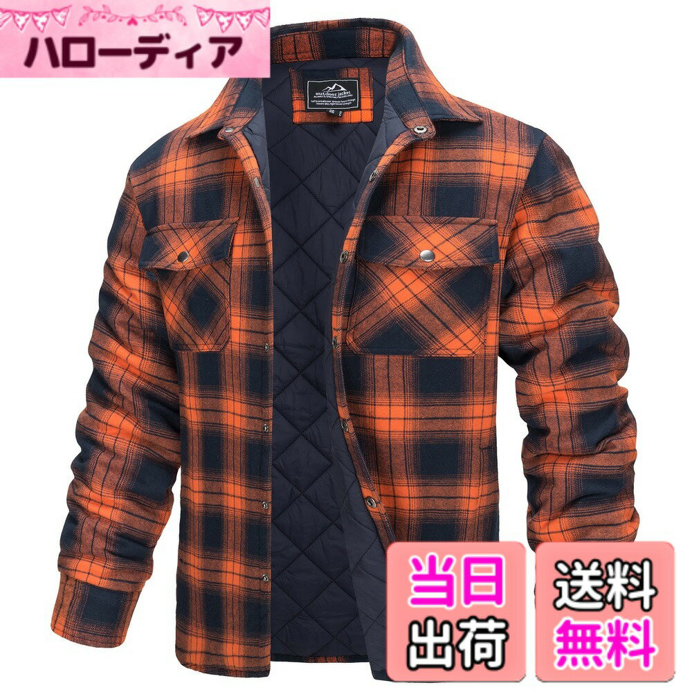 Leotards - 【送料無料】[TACVASEN] チェックシャツ メンズ 防風 保温 ジャケット 中綿 日常トップス コットン アウトドアウエア チェック柄 胸ポケット カジュアルシャツ 通勤 旅行 秋冬 色：オレンジ、サイズ：3XL