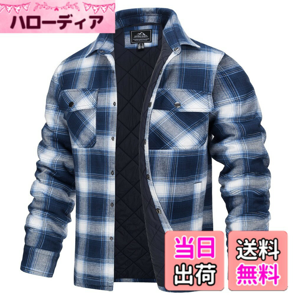 Jacket - 【送料無料】[TACVASEN] チェックシャツ メンズ 防風 保温 ジャケット 中綿 日常トップス コットン アウトドアウエア チェック柄 胸ポケット カジュアルシャツ 通勤 旅行 秋冬 色：ブルーホワイト、サイズ：L