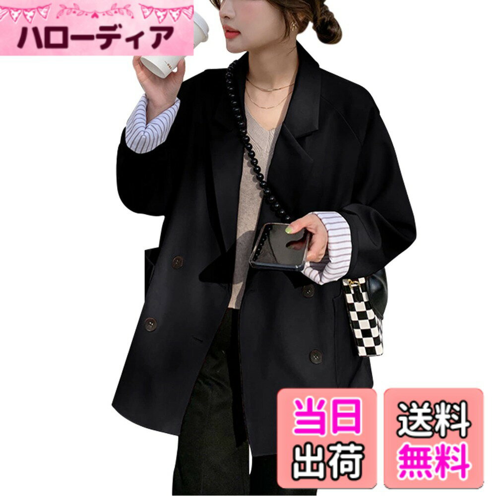 Jacket - 【送料無料】MEME XTRA(メメエクストラ) ジャケット レディース コート 秋 薄手 長袖 アウター オフィス カジュアル 就活 大きいサイズ おしゃれ ゆったり テーラード ダブル ハーフコート トップス 軽量 無地 韓国 シンプル 通勤 秋冬 着痩せ 色：ブラック、サイズ：M