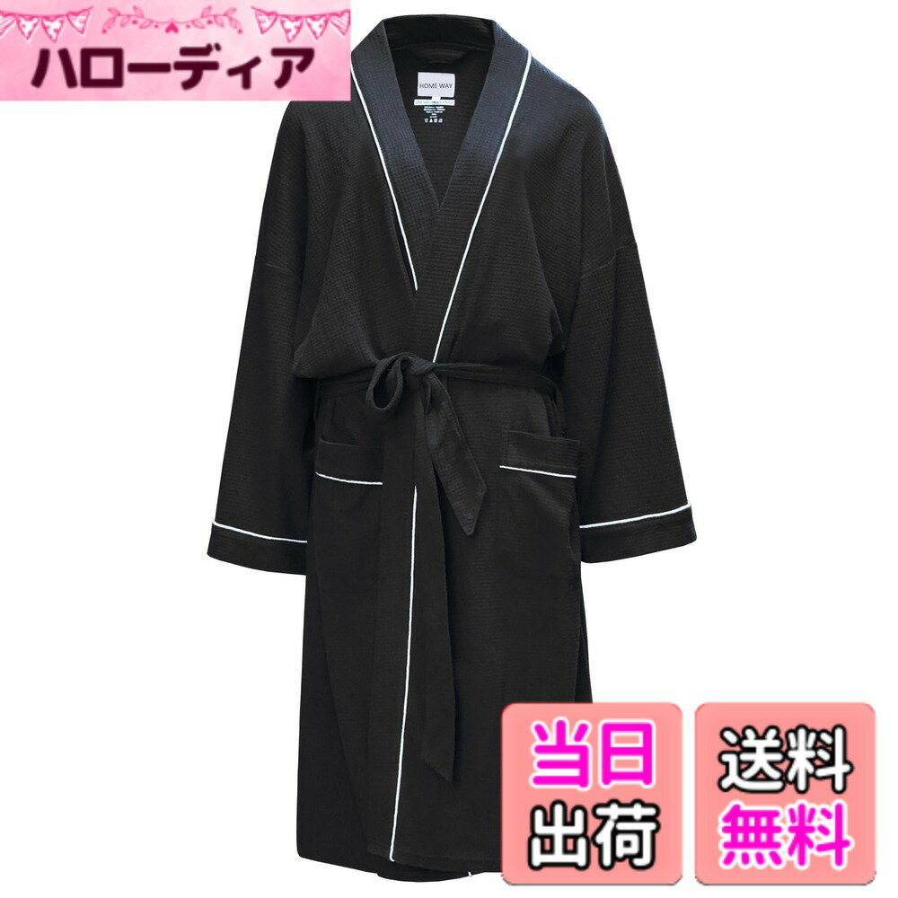 Bathrobes - 【送料無料】[Otosuzu] バスローブ 薄手 メンズ レディース ワッフル 立体的に織られ生地 ガウン ルームウェア 優しい肌触り 男女兼用 ホテル お風呂上り 吸水 速乾 保温 バス用品 春夏秋 色：ブラック、サイズ：M