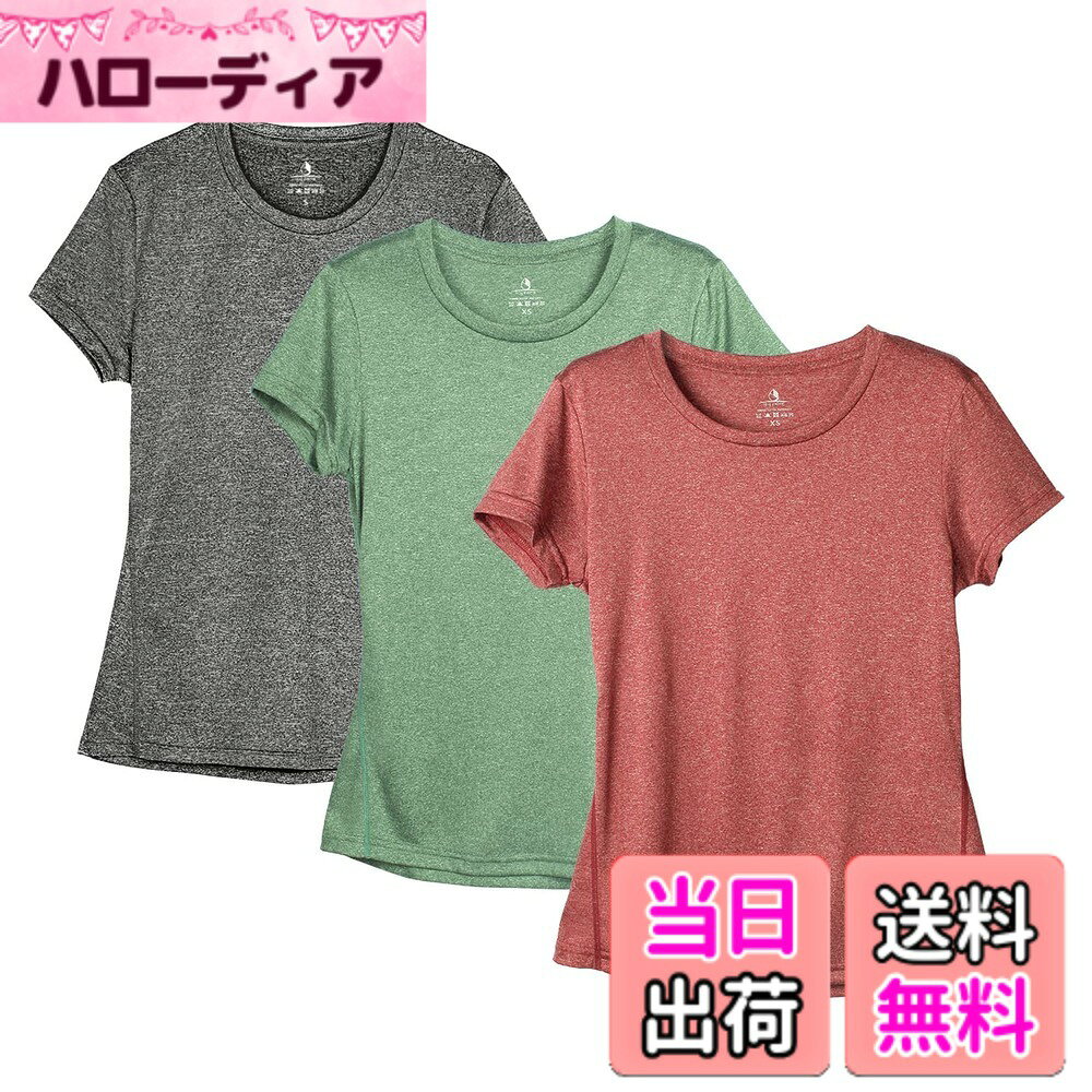 Rakuten - 【送料無料】[icyzone] スポーツウェア レディース Tシャツ ヨガウェア ランニングトップス 半袖 速乾 通気 カジュアル 大きいサイズ フィットネス アスレチック 3枚入 色：チャコール/ブルゴーニュ/ターフ グリーン、サイズ：2XL