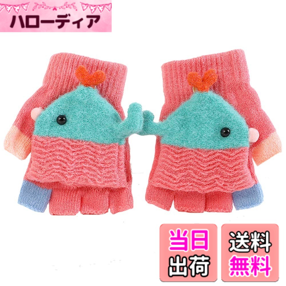 【送料無料】[eipatu] 手袋 キッズ ニット グローブ 子供用 男の子 女の子 ミトンカバー付き 指切り 半指 防寒 赤ちゃん ベビー 冬物 あったか 雪遊び 通園 通学 可愛い 色：鳥柄/スイカレッド、サイズ：Free Size