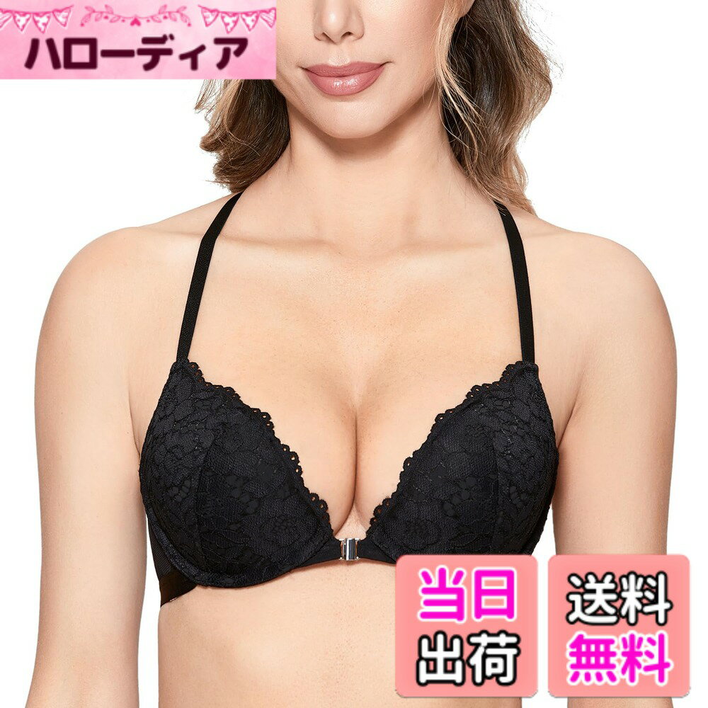 乐天商城 - 【送料無料】[DOBREVA] ブラジャー レディース フロントホックブラ 花柄レース レーサーバック ワイヤー入り プッシュアップ バストアップブラ 美乳 色：ブラック、サイズ：A80