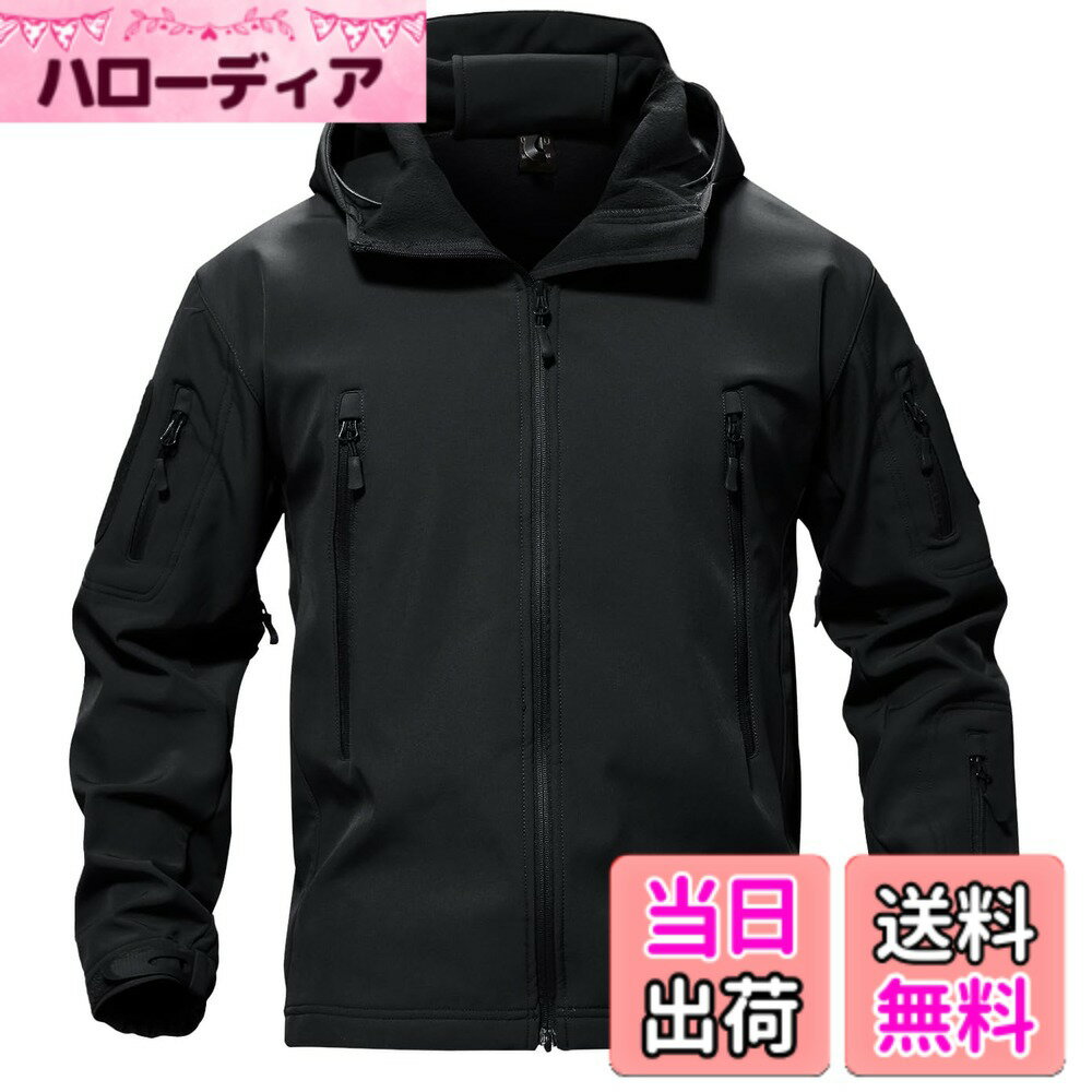 【送料無料】[TACVASEN] タクティカル ジャケット 撥水 防風 アウトドア アウター メンズ 防寒 裏起毛 ソフトシェル サバゲー ミリタリー 迷彩 ポケット フード付 ウインドブレーカー 色：ブラック、サイズ：3XL