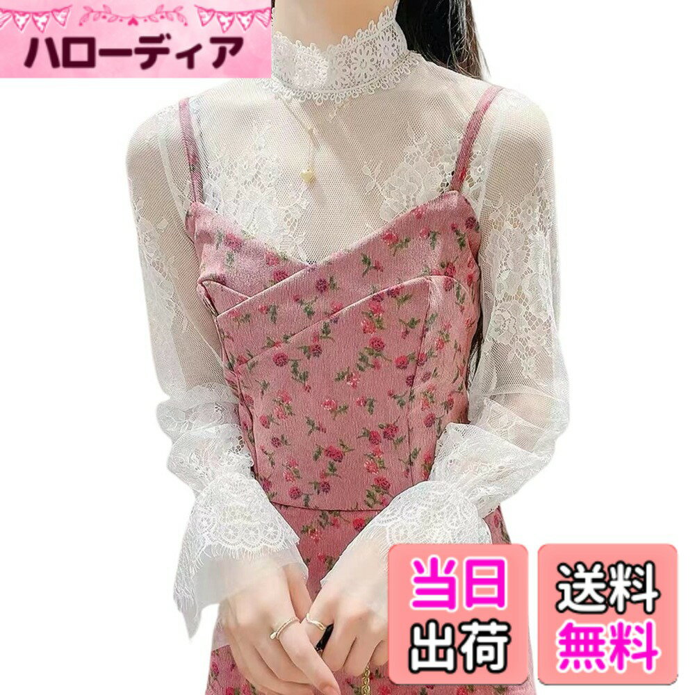 【送料無料】[UMIYI] 総レース トップス バルーンスリーブ 透かし 花柄レース シャツ カットソー ハイネック 透け感 刺繍ブラウス 長袖 ストレッチ インナー レイヤード シアートップス スカラップ ベーシック セクシー上品 色：タイプA-ホワイト、サイズ：XL