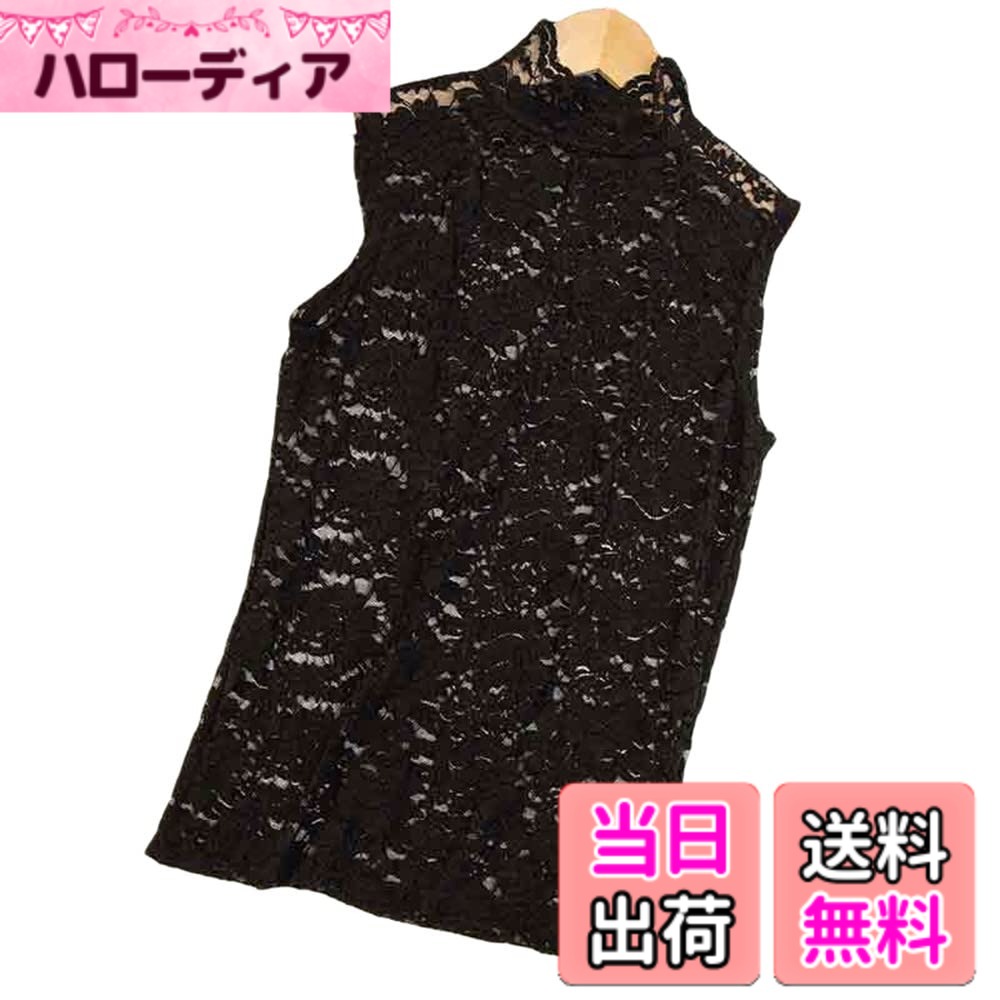 Leotards - 【送料無料】[UMIYI] タンクトップ 総レース レディース インナー 花柄 セクシー トップス ハイネック カットソー Tシャツ ノースリーブ タートルネック エレガント 重ね着 スカラップ 無地 薄手 ストレッチ 春夏 大人可愛い 色：ブラック、サイズ：M
