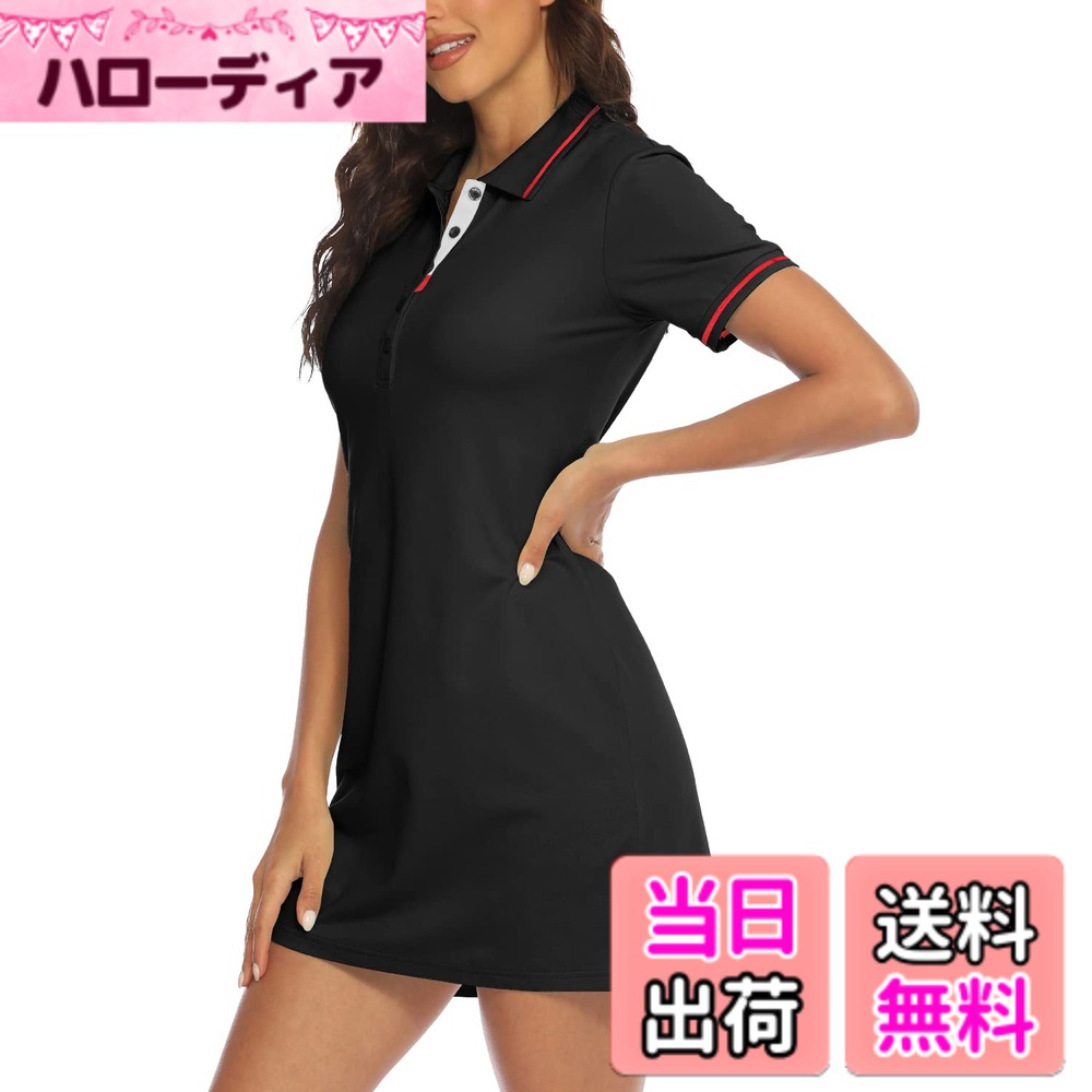 【送料無料】[Gopune] レディース ワンピース テニス 通気 ゴルフウェア ポロワンピース 半袖 カジュアル服 体型カバー 日常着 運動着 着痩せ 夏用 10色選択可 色：ブラック、サイズ：L