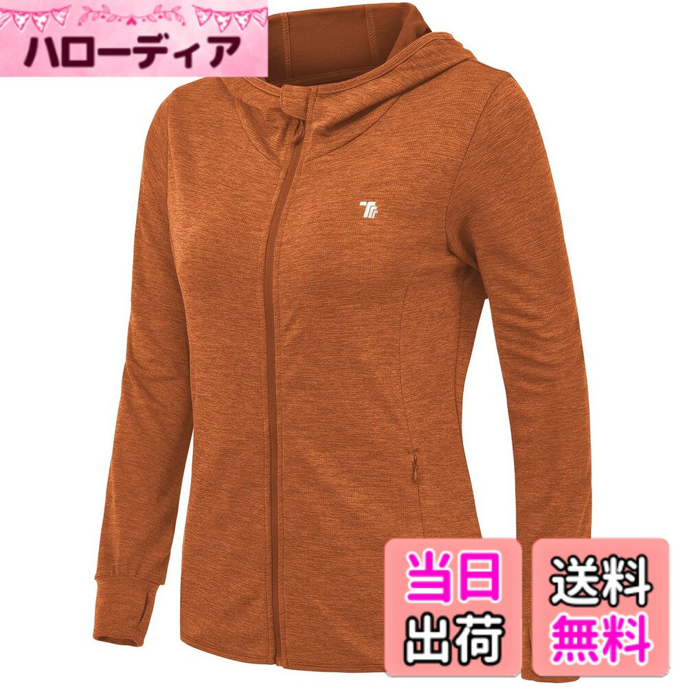 Jacket - 【送料無料】[Gopune] フルジップ トレーニング ジャケット レディース ラッシュガード 長袖 パーカー 軽量 ゴルフウェア ランニング スポーツ 指穴 フード付き UPF50+ 色：オレンジ、サイズ：XL