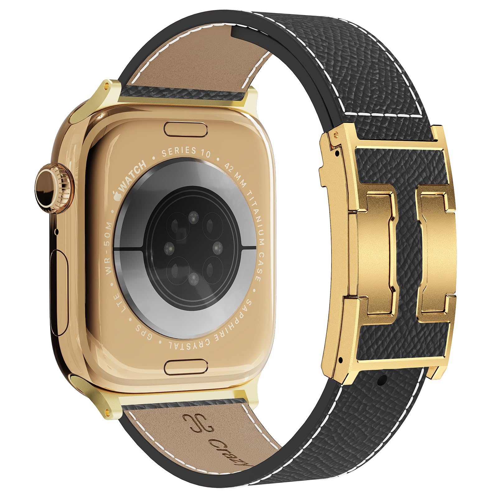 [Free Shipping] Stylish and cute band compatible with Apple Watch 38mm/40mm/41mm/42mm/44mm/45mm/49mm. Features an H-shaped magnetic buckle. Unisex design. High-quality leather band compatible with iWatch SE Series 10/9/8/7/6/5/4/3/2/1 Ultra. Color: Black band + Gold H-buckle. Sizes: 44mm, 45mm, 46mm, 49mm