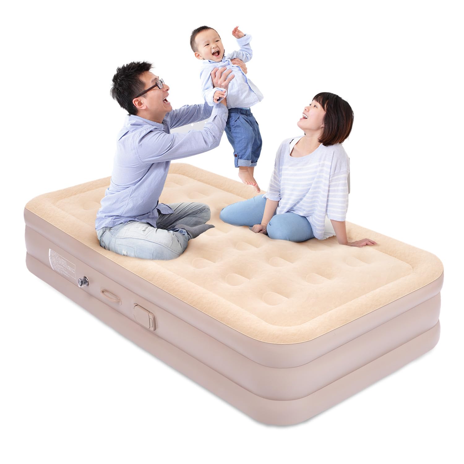 BOOMAX エアーベッド 電動 エアーマット 厚手 約40cm アウトドア キャンプ 耐荷重450kg 自動膨張 電動ポンプ内蔵 エアーマットレス 防災 車中泊 家庭用 来客用 枕付き 折りたたみ式 収納袋付き 防水 軽量 コンパクト 色：ベージュ、サイズ：シングル