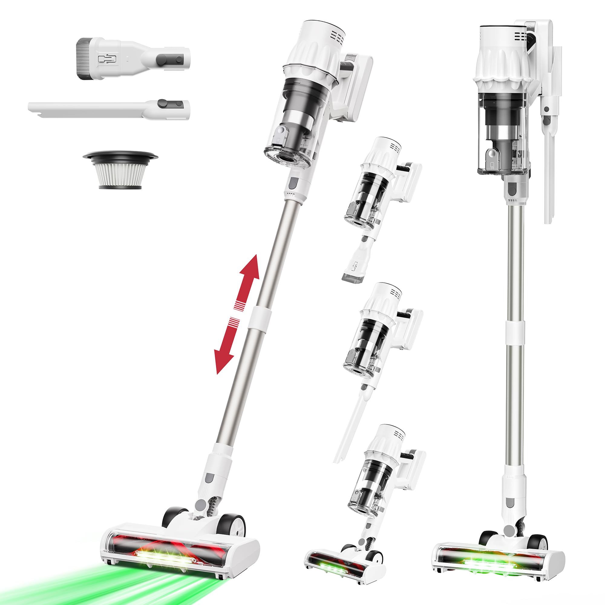 【送料無料】Alebert(アレベルト) 掃除機 コードレス 【強力50000Pa吸引・最大50分連続使用・自立式】 着脱式バッテリー サイクロン掃除機 3段吸引力 伸縮パイプ スティック/ハンディ 2WAY LEDライト 1.2L大容量ダストカップ ペット毛 色：ホワイト、サイズ：26*24*108cm