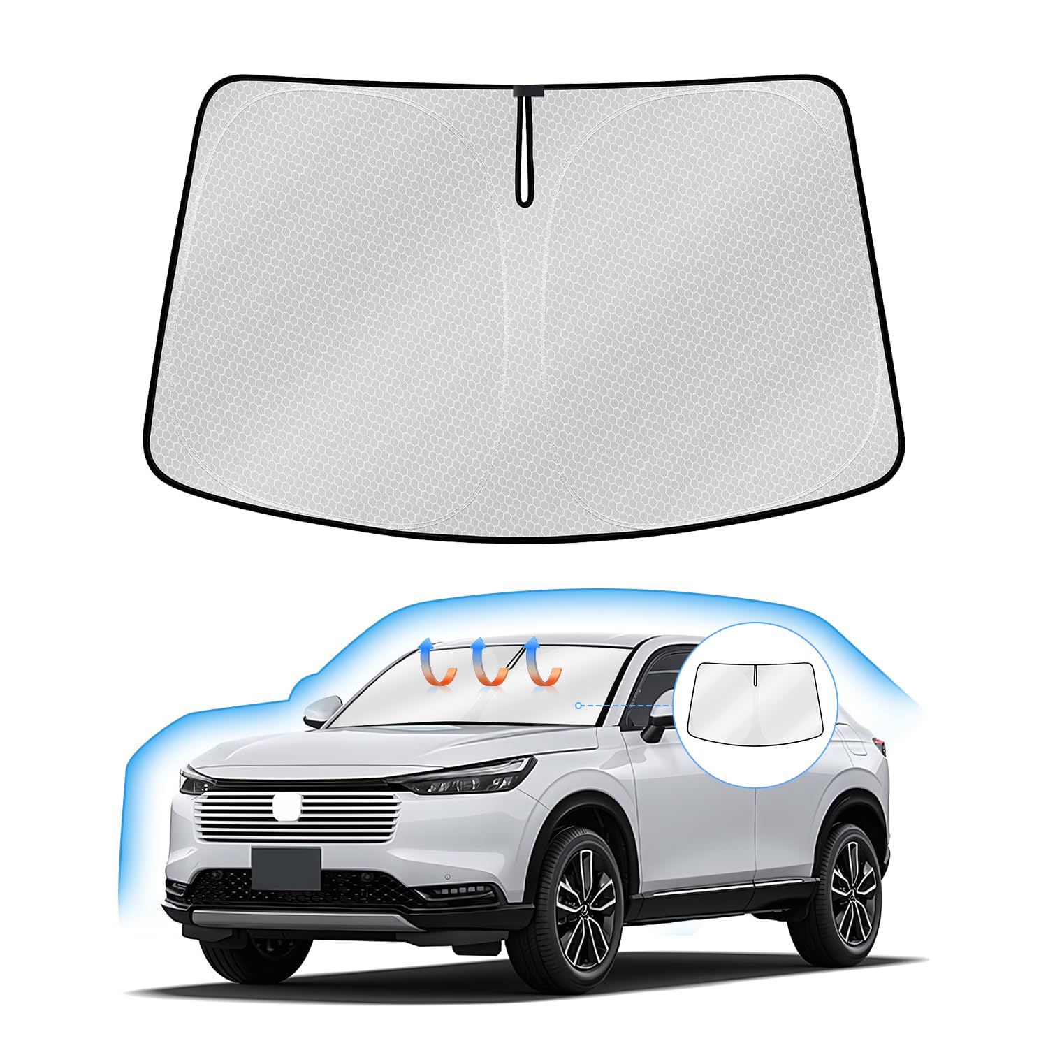 J-PREMIS フロントガラス サンシェード 車用サンシェード UVカット 遮光シェード 日よけ ハンドルサンシェード 遮光 断熱 暑さ対策 車中泊 折り畳み式 ハニカム設計 収納袋付き 車種専用 内装パーツ 取付簡 色：グレー、サイズ：ホンダ ヴェゼル RV系 に適合