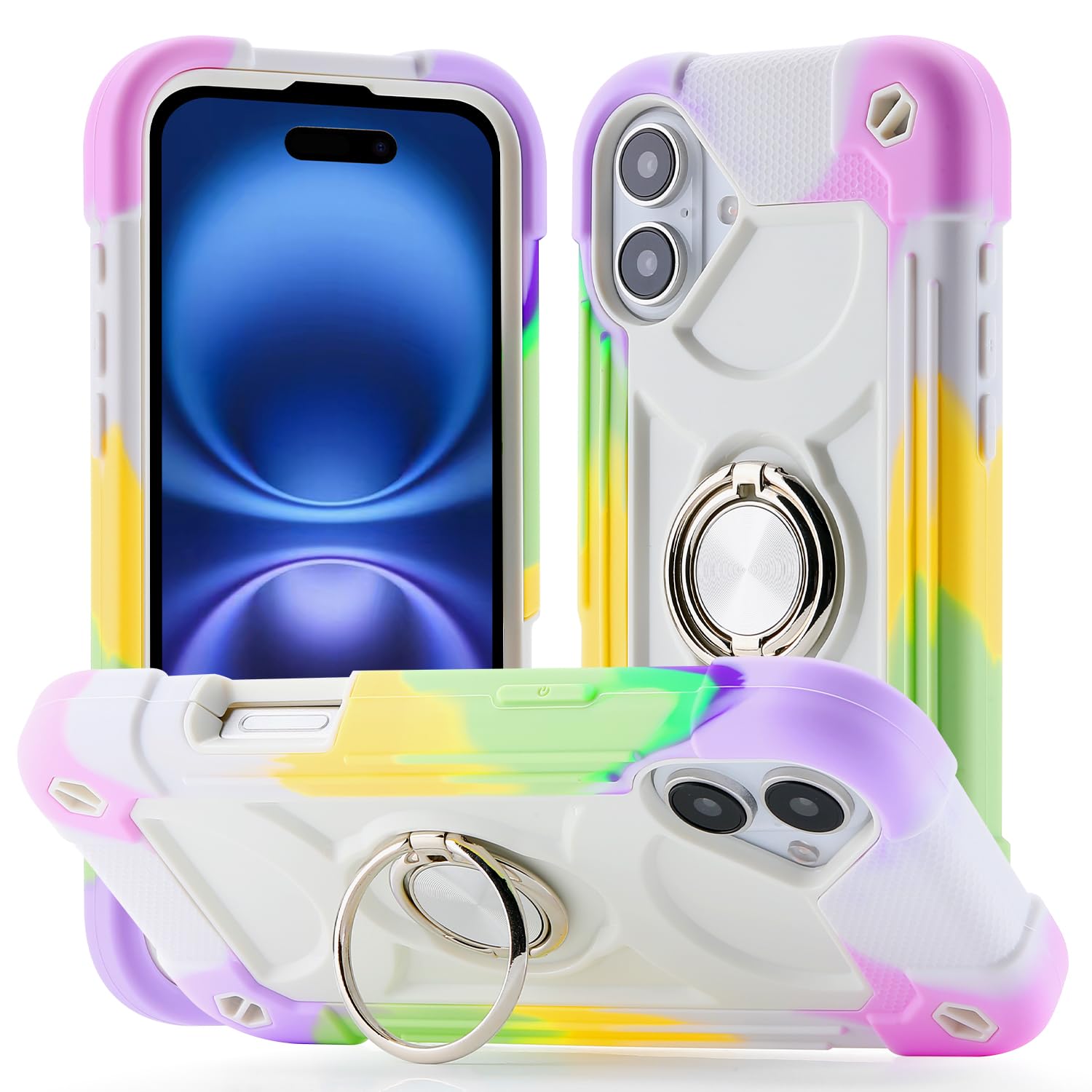 【送料無料】iPhone ケース 耐衝撃 頑丈 360度回転スタンド リング付き付き 虹色 ...