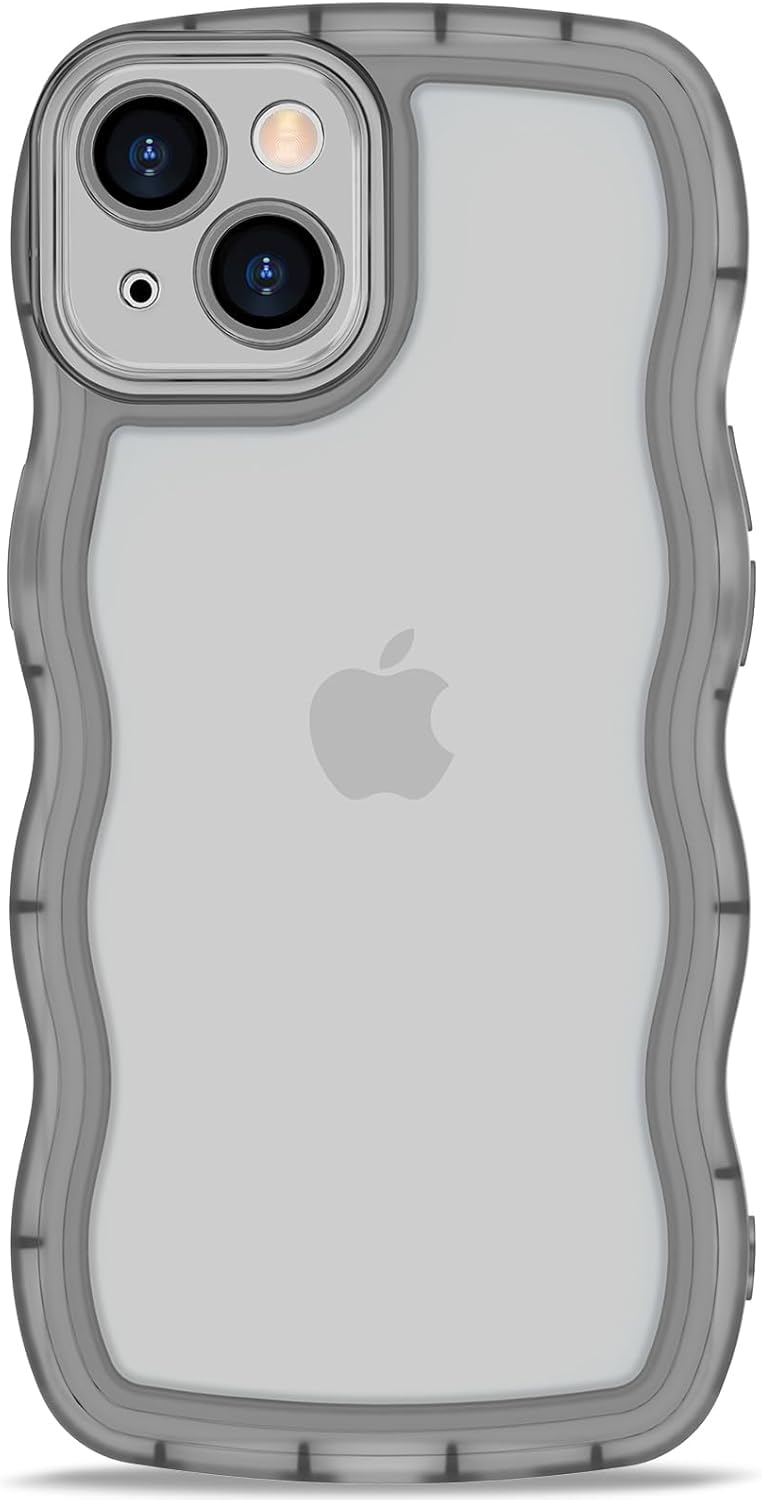 AVETUL iPhone ケース クリア ウェーブ アイフォンケース 韓国 うねうね おしゃれ 黄ばみなし かわいい ソフトTPU 滑り止め 薄型 軽量 iPhone スマホケース ワイヤレス充電対応 ストラップホール付き アイフォン ウェ 色：半透明ブラック、サイズ：iPhone 13
