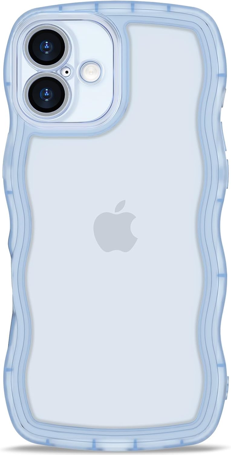 AVETUL iPhone ケース クリア ウェーブ アイフォンケース 韓国 うねうね おしゃれ 黄ばみなし かわいい ソフトTPU 滑り止め 薄型 軽量 iPhone スマホケース ワイヤレス充電対応 ストラップホール付き アイフォン ウェー 色：半透明ブルー、サイズ：iPhone 16