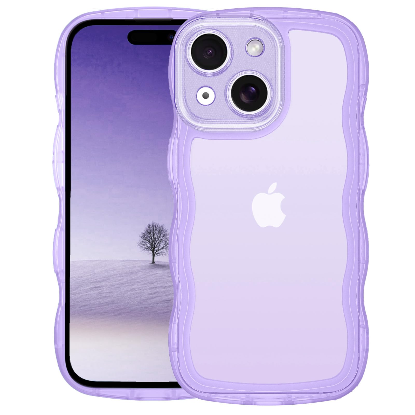 AVETUL iPhone ケース クリア ウェーブ アイフォンケース 韓国 うねうね おしゃれ 黄ばみなし かわいい ソフトTPU 滑り止め 薄型 軽量 iPhone スマホケース ワイヤレス充電対応 ストラップホール付き アイフォン ウェ 色：半透明パープル、サイズ：iPhone 15