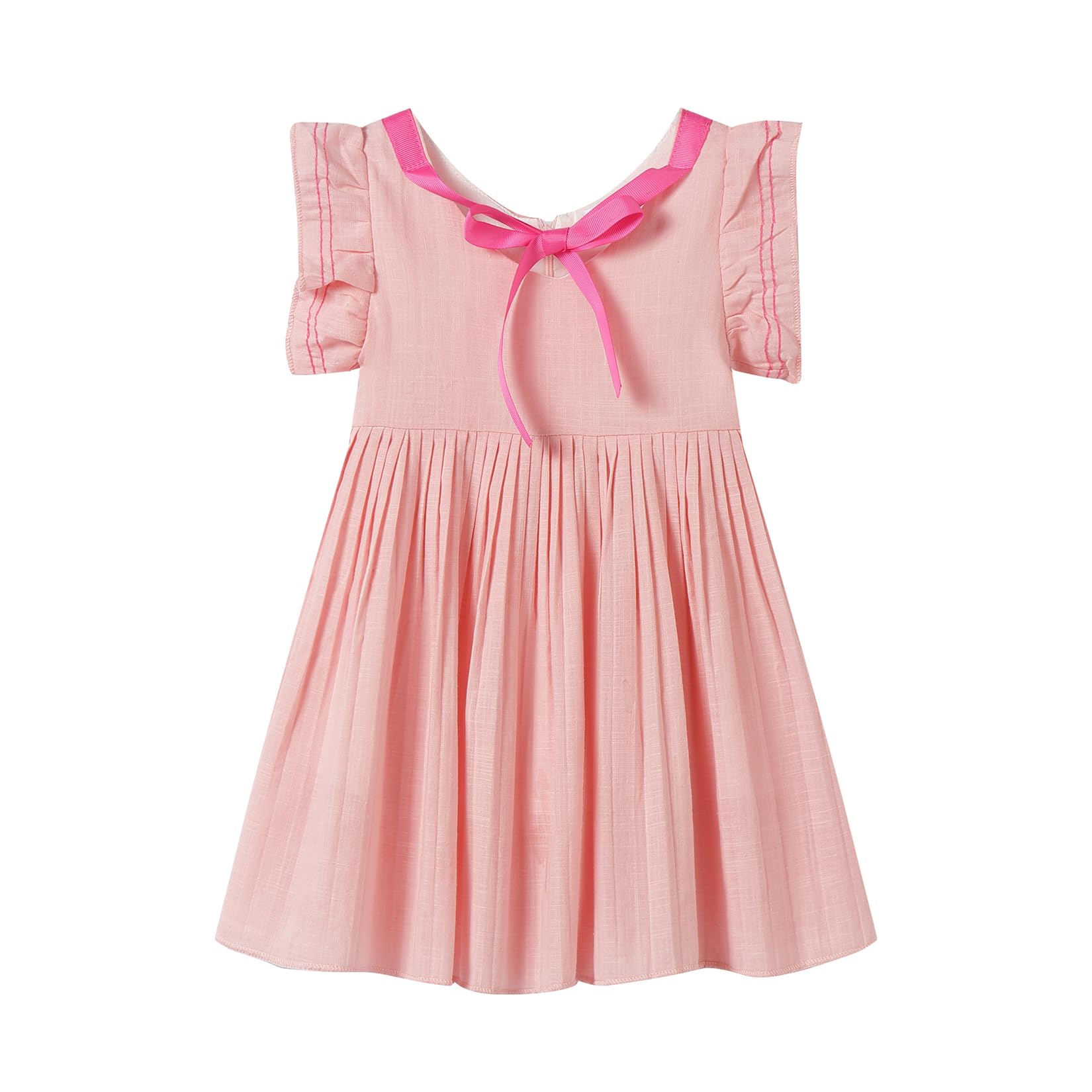 【送料無料】[LittleSpring] キッズ ワンピース 女の子 フリル袖 リボン付き プリーツ 夏 子供服 おしゃれ 色：ピンク、サイズ：140