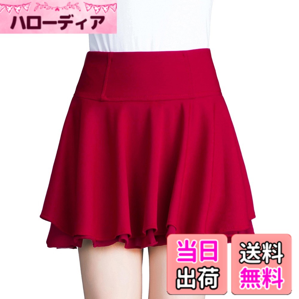 レディース シフォン 無地 スカート プリーツ ミニスカート ふんわり 可愛い 白 黒 色：36cm-赤-インナーパンツ付き、サイズ：S