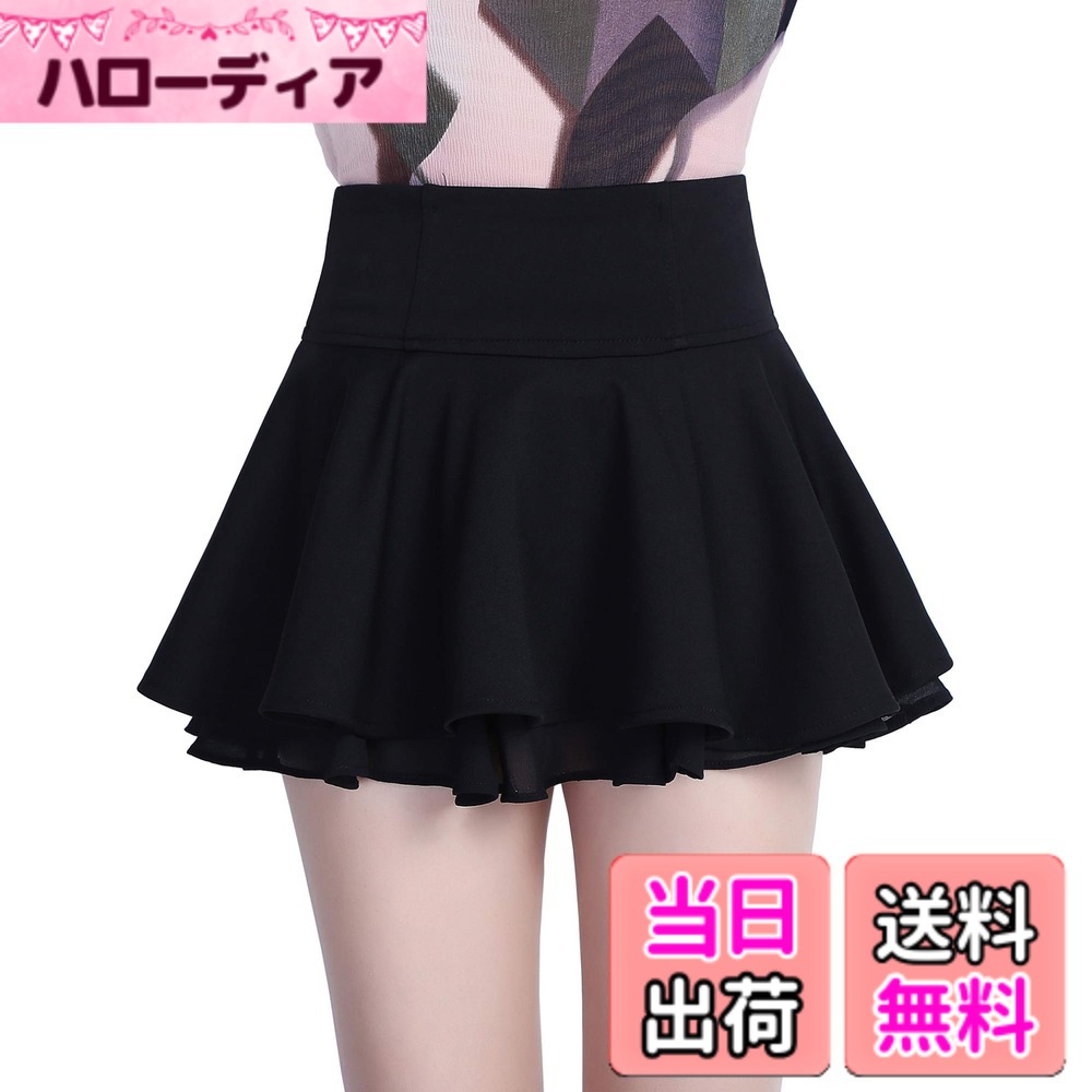 レディース シフォン 無地 スカート プリーツ ミニスカート ふんわり 可愛い 白 黒 色：31cm-黒-インナーパンツ付き、サイズ：L