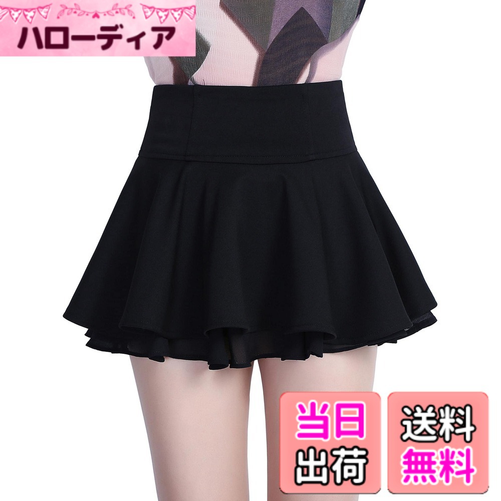 レディース シフォン 無地 スカート プリーツ ミニスカート ふんわり 可愛い 白 黒 色：31cm-黒-インナーパンツなし、サイズ：M