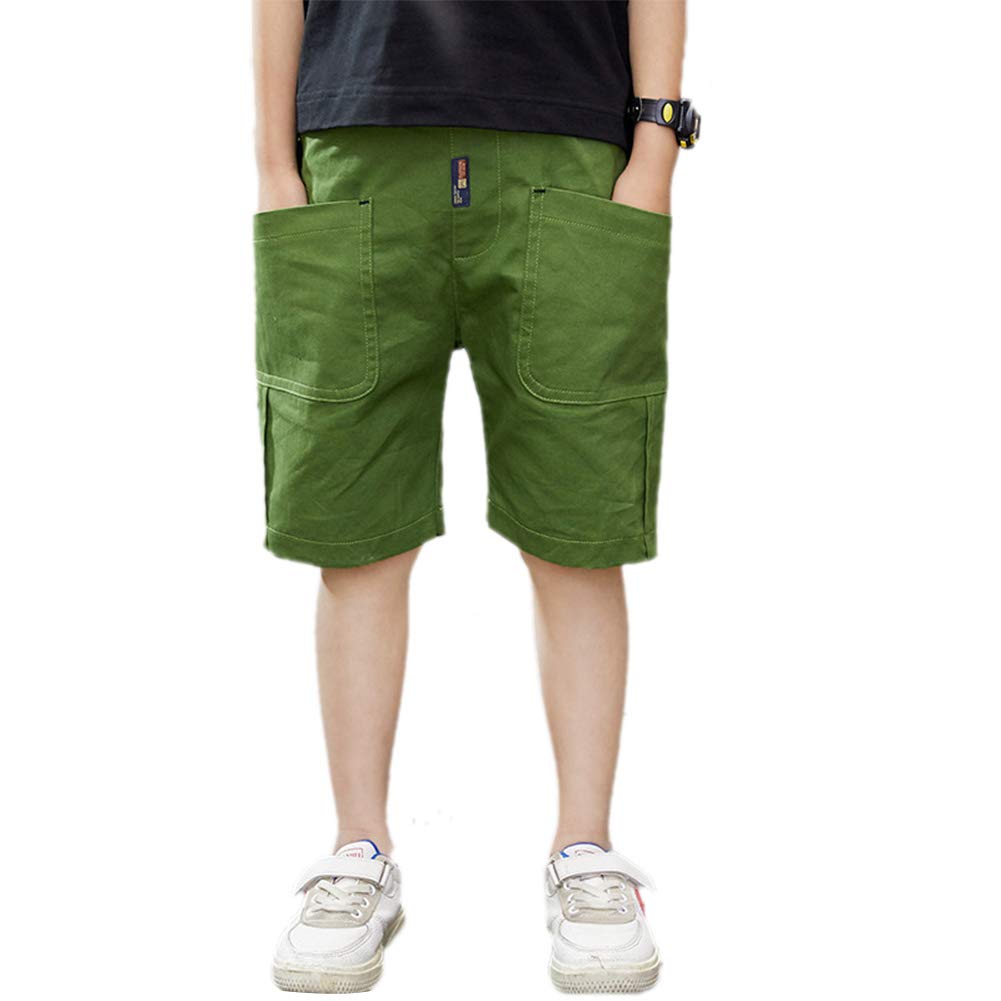 【送料無料】[YUEGUANG] ジュニア ショートパンツ 男の子 5分丈 半ズボン キッズ ボーイズ ハーフパンツ イージーパンツ ウエストゴム ゆったり 通気性 無地 春夏 通園通学 カジュアル 色：グリーン、サイズ：150
