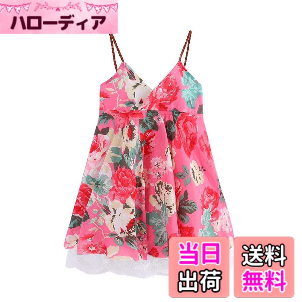 【送料無料】[LittleSpring] ワンピース キッズ 花柄 キャミソールワンピース リゾート ビーチ 遊園地 子供服 女の子 夏 色：ローズ、サイズ：130