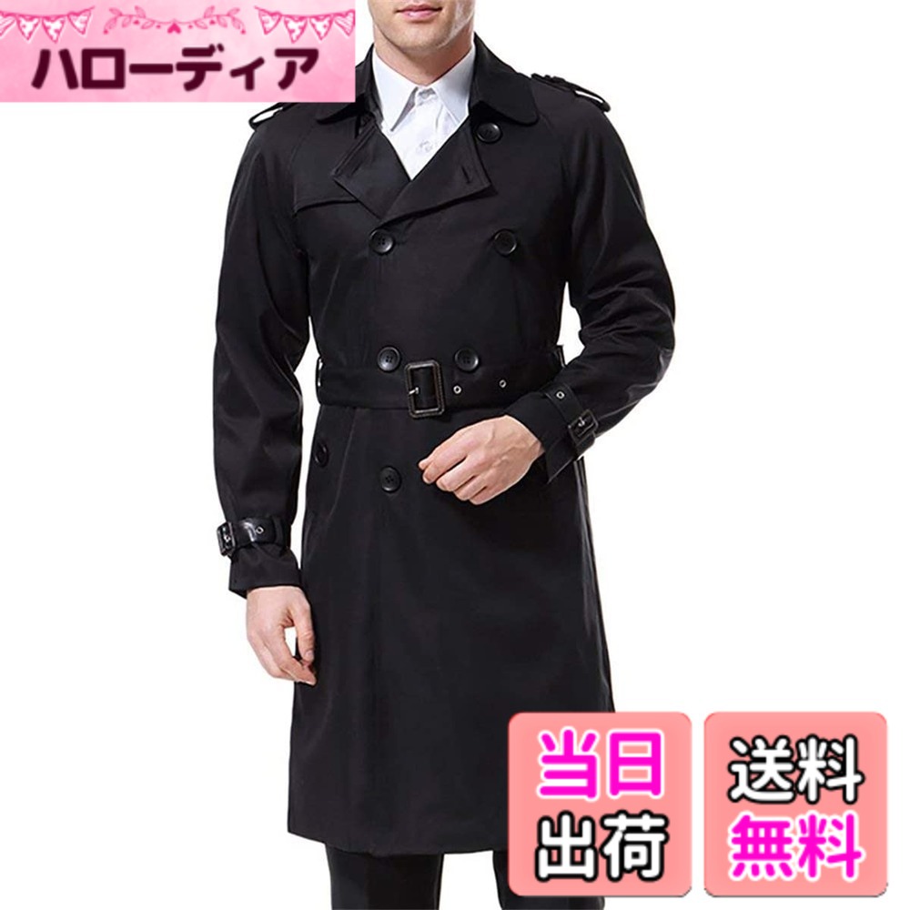 Jacket - 【送料無料】[AOWOFS] トレンチコート メンズ ダブルボタン ロングコート ベルト付き スリム ビジネス アウター 春秋 冬 色：ブラック、サイズ：2XL