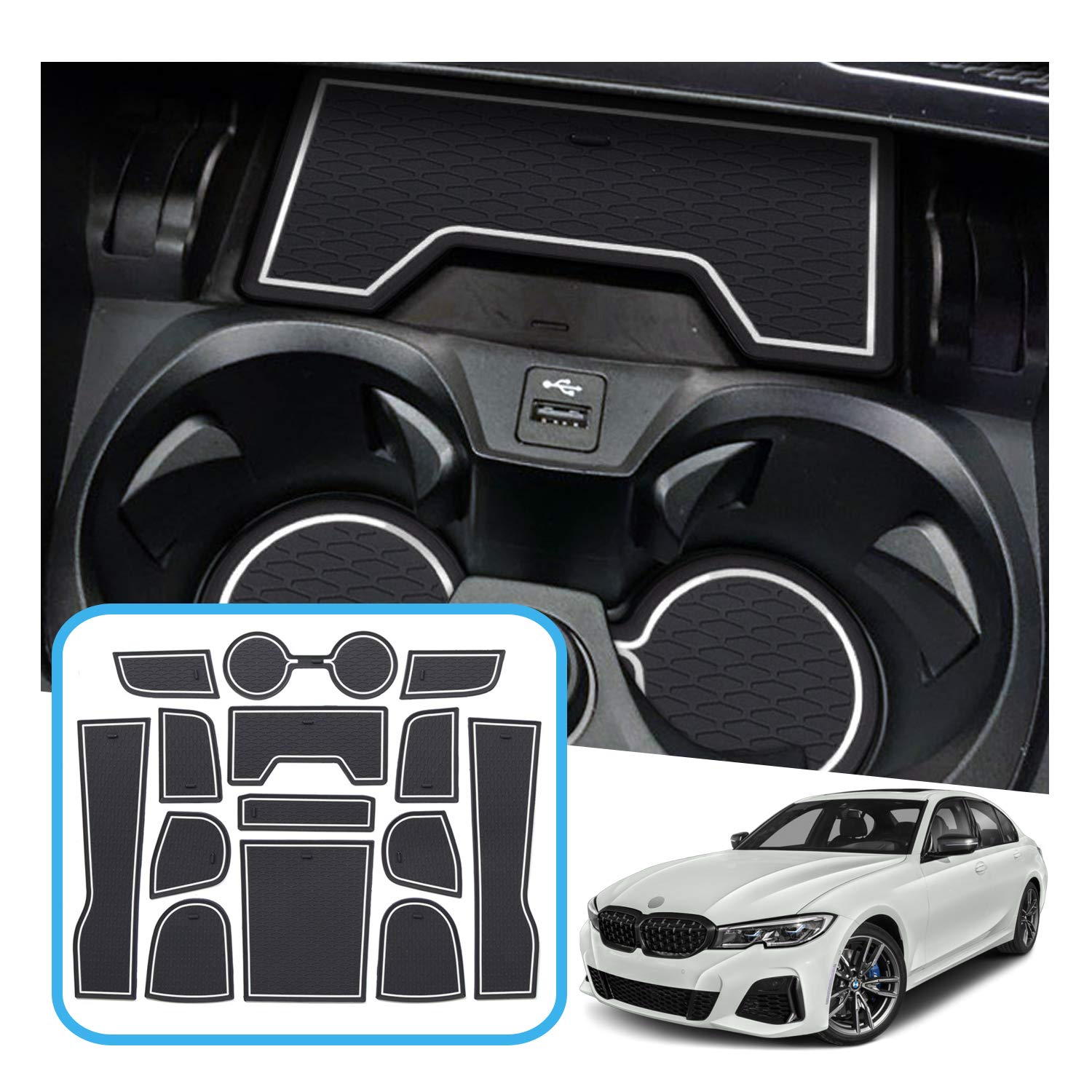 【送料無料】Ruiya 新型 BMW 3シリーズ G20 専用 ドアポケットマット コンソールマット ラバー 引っ掻く疵防止 ノイズ軽減 滑り止め 14PCS カスタムパーツ 色：白い